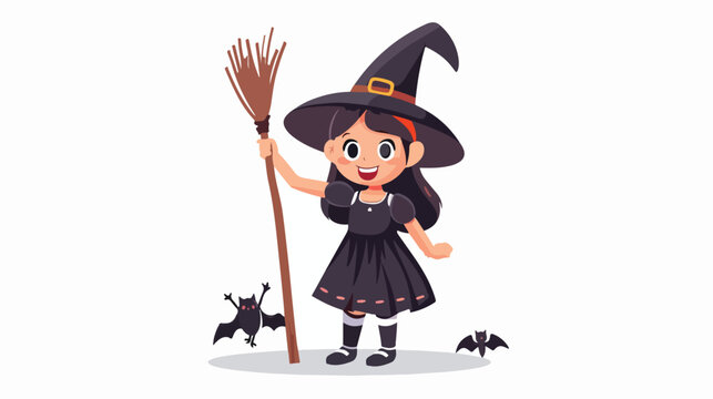 A little girl witch and broom on white background cart