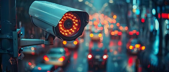 City Watch: Nighttime Traffic Under Surveillance. Concept Nighttime Traffic, City Surveillance, Urban Watch, Traffic Monitoring, City at Night - obrazy, fototapety, plakaty