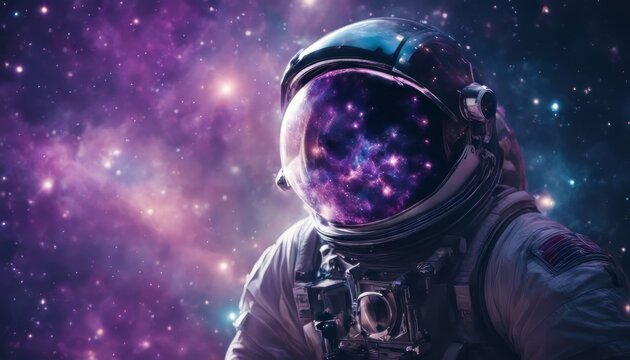 Astronaut in space with stars, a galaxy, a purple and blue nebula, and galaxies reflected in his helmet