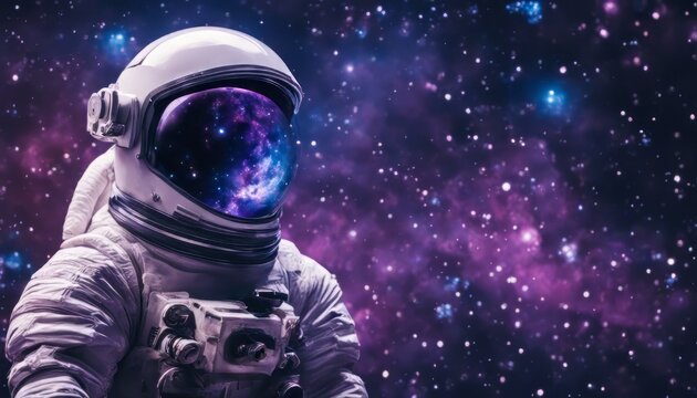 Astronaut in space with stars, a galaxy, a purple and blue nebula, and galaxies reflected in his helmet