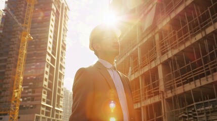 Cinematic, sunny day, a male Chinese project manager in suit with helmet is inspecting a construction site, eye level shot, golden hour light - obrazy, fototapety, plakaty
