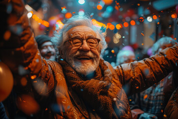 Cheerful elderly Caucasian male dancing wildly on the party, happy retirement concept  - obrazy, fototapety, plakaty