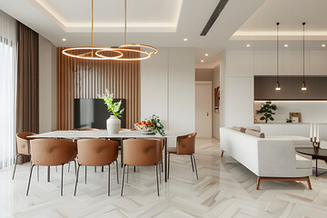 White and brown dining room and living room interior