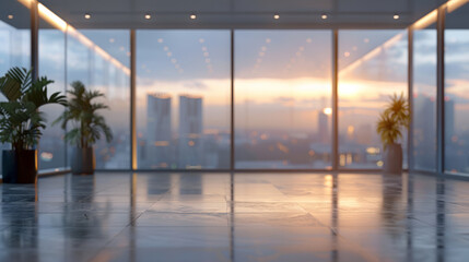 Gorgeous blurred background of a light-filled modern office space with panoramic windows and stunning lighting.