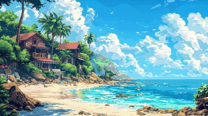 Deurstickers A serene pixel art landscape with a cozy house nestled among lush greenery, overlooking a pristine beach with crystal clear waters, under a sky dotted with fluffy clouds. © Valeriy