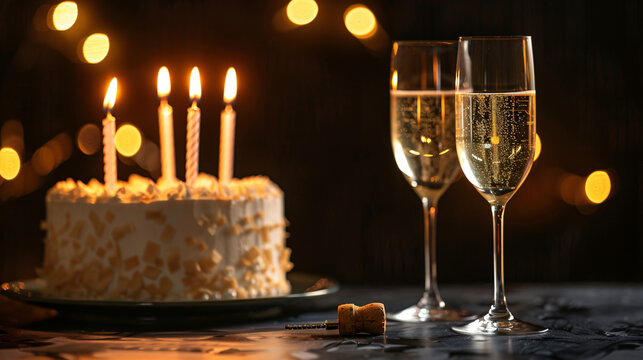 A birthday cake with lit candles and two glasses of champagne