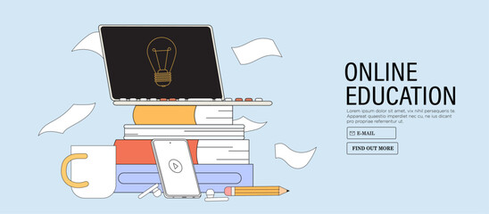 Learn online in university or courses. Receive diploma and new professional skills and knowledge using online library. Self-development or learn online concept. Laptop stand on pile of books.