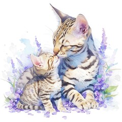 Egyptian Mau mother cat and kitten showing affection love standing together watercolor clipart	
