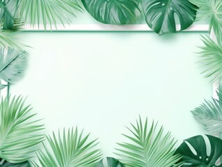 Fototapeta na wymiar Mint Green frame background, tropical leaves and plants around the mint green rectangle in the middle of the photo with space for text