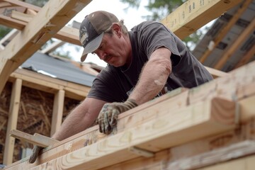 A construction worker working on the roof of an off grid house being built, they have wooden beams in view and one is holding wood planks to place them into their positions.