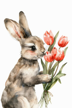 Watercolor painting of a baby bunny holding a bouquet of tulips as a gift.