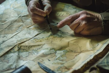 Close up of a person working on a map. Cartographer.