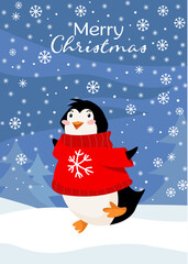 Holiday card with penguin, snow and Merry Christmas lettering. Cute winter character in goofy sweater