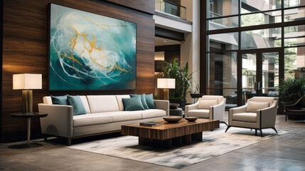 Modern living room with a large painting on the wall