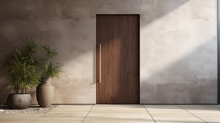wooden door with a plant in front of it