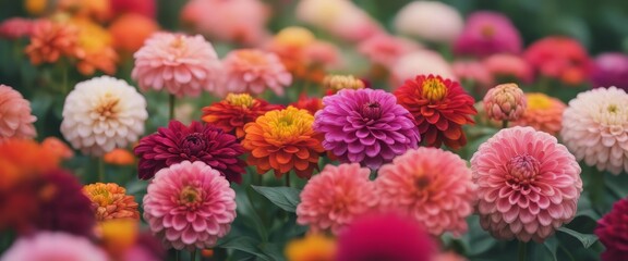 Fototapeta premium Beautiful colorful zinnia and dahlia flowers in full bloom, close up. Natural summery texture for background