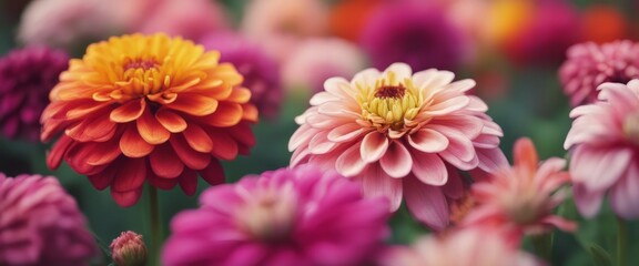 Beautiful colorful zinnia and dahlia flowers in full bloom, close up. Natural summery texture for background