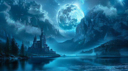 A castle in the middle of a lake with a large moon 