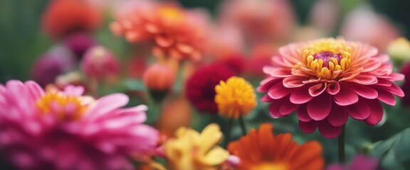 Beautiful colorful zinnia and dahlia flowers in full bloom, close up. Natural summery texture for background - obrazy, fototapety, plakaty