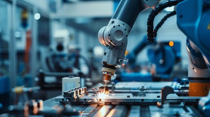 Industrial robotic arm welding in a factory, symbolizing automation, precision, and advanced manufacturing technology. - obrazy, fototapety, plakaty