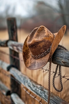 The iconic image of a cowboy hat and lasso hanging from a wooden fence symbolizes the cowboy lifestyle and ranching culture of the American West.