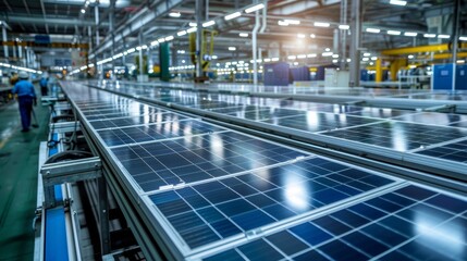 Naklejka premium Rows of gleaming solar panels on a manufacturing line, illustrating mass production in the renewable energy industry.