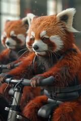 Martial artist red pandas training on spin bikes