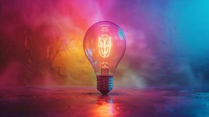 A colorful glowing idea bulb lamp symbolizing brainstorming, bright idea, and creative thinking. - obrazy, fototapety, plakaty