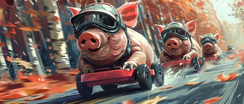 Karting piglets wearing tiny helmets, racing around an orchard