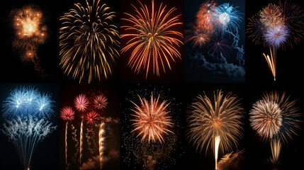 Vibrant collage of colorful and dynamic firework bursts against a dark background, showcasing shapes and colors.