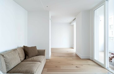 Fototapeta premium A living room view with a couch, white wall, empty wall, for a artwork mockup display no frame on the wall