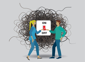 Man and woman switching of trouble with contact button. Vector illustration.