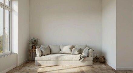 A living room view with a couch, white wall, empty wall, for a artwork mockup display no frame on the wall