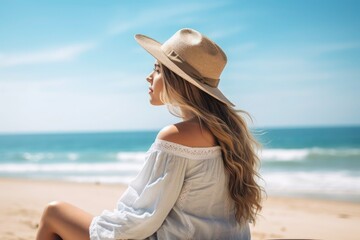 Profile of a beautiful young women looking out to sea on a tropical sandy beach.