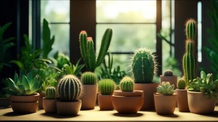 Cacti of different sizes and shapes in pots. - obrazy, fototapety, plakaty