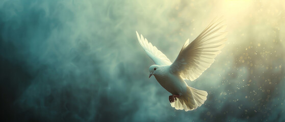 A symbol of the Holy Spirit in Christianity depicted as a winged dove, representing peace, purity, and divinity. - obrazy, fototapety, plakaty