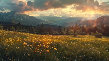 Panoramic Nature Landscape Mountains Forest Sunset Ocean Meadows YouTube Banner Photograph  , Generative ai, 