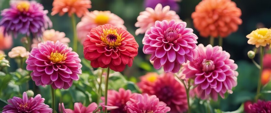 Beautiful colorful zinnia and dahlia flowers in full bloom, close up. Natural summery texture for background