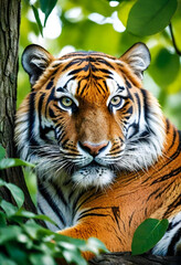 Fototapeta premium Close-up Portrait of Majestic Tiger Resting Among Green Leaves, Wild Feline in Natural Habitat