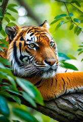 Close-up Portrait of Majestic Tiger Resting Among Green Leaves, Wild Feline in Natural Habitat