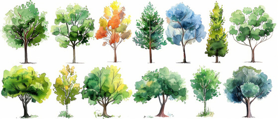A stunning collection of hand-drawn watercolor trees, perfect for adding a touch of nature to any artistic project.