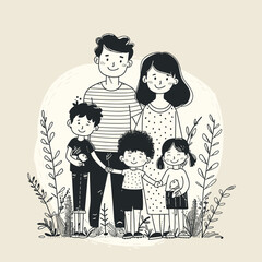 Happy family. Mother, father and children. Vector illustration in sketch style.