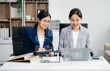 Working team meeting concept, business using laptop and smart phone and digital tablet computer with digital marketing media  in virtual icon .