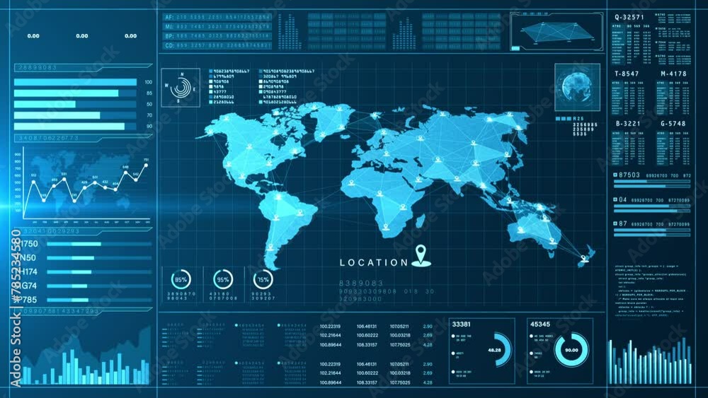 Poster World Map Data Analysis Technology Interface Display, Data visualization interface with world map and location, graphs, and analytics indicators in blue digital tone.