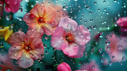 View of flowers behind glass with water drops , Generative ai, 