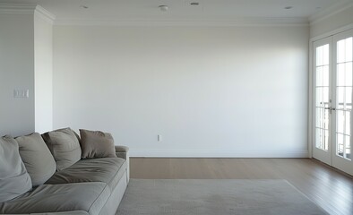 Fototapeta premium A living room view with a couch, white wall, empty wall, for a artwork mockup display no frame on the wall