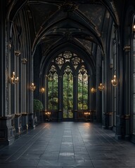 a luxury modern interior, modern, gothic style, gothic arches and windows, mostly black color - obrazy, fototapety, plakaty
