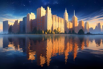 ファンタジーゲーム異世界近未来都市と反射する水面 - obrazy, fototapety, plakaty