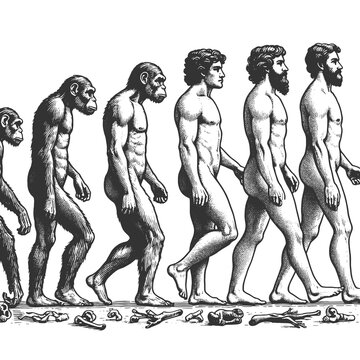 evolution of man from ape through various stages to modern human sketch engraving generative ai fictional character raster illustration. Scratch board imitation. Black and white image.