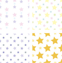 Collection with seamless patterns with stylish yellow, pink and violet stars on white background. Vector image.